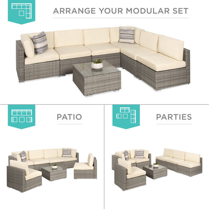 7-Piece Modular Wicker Sectional Conversation Set w/ 2 Pillows, Cover