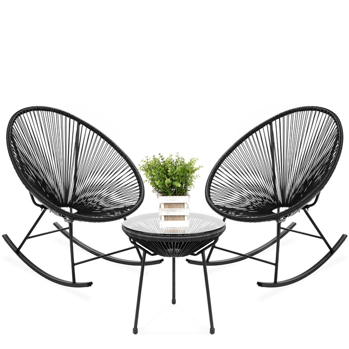 3-Piece Patio Woven Rope Acapulco Rocking Chair Bistro Set