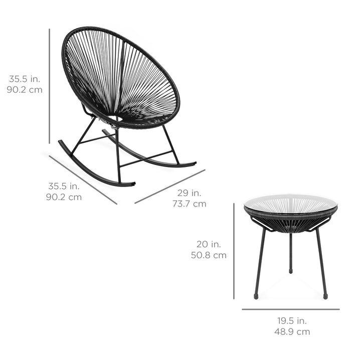 3-Piece Patio Woven Rope Acapulco Rocking Chair Bistro Set