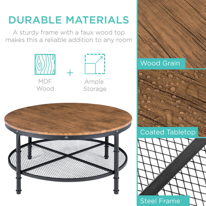 Table basse ronde industrielle à 2 niveaux en bois et acier, étagères de rangement - 35,5 po