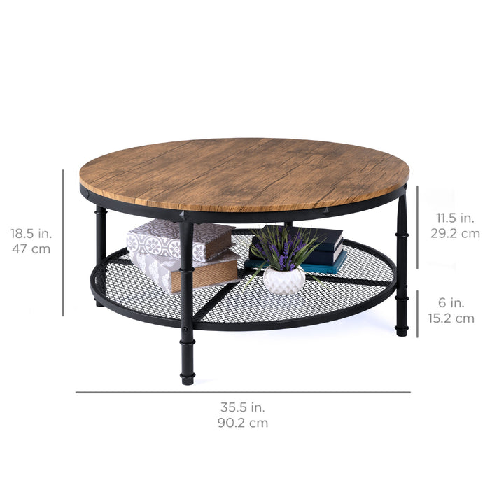 Table basse ronde industrielle à 2 niveaux en bois et acier, étagères de rangement - 35,5 po