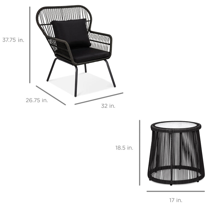 Ensemble de bistro de conversation en osier pour patio 3 pièces avec 2 chaises et table à plateau en verre