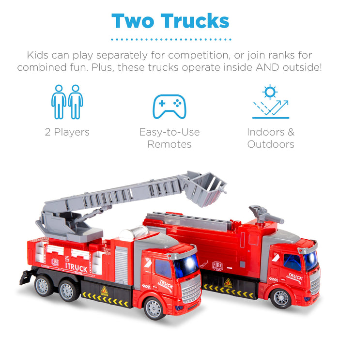 Lot de 2 camions de pompiers télécommandés RC (même fréquence) avec lumières LED