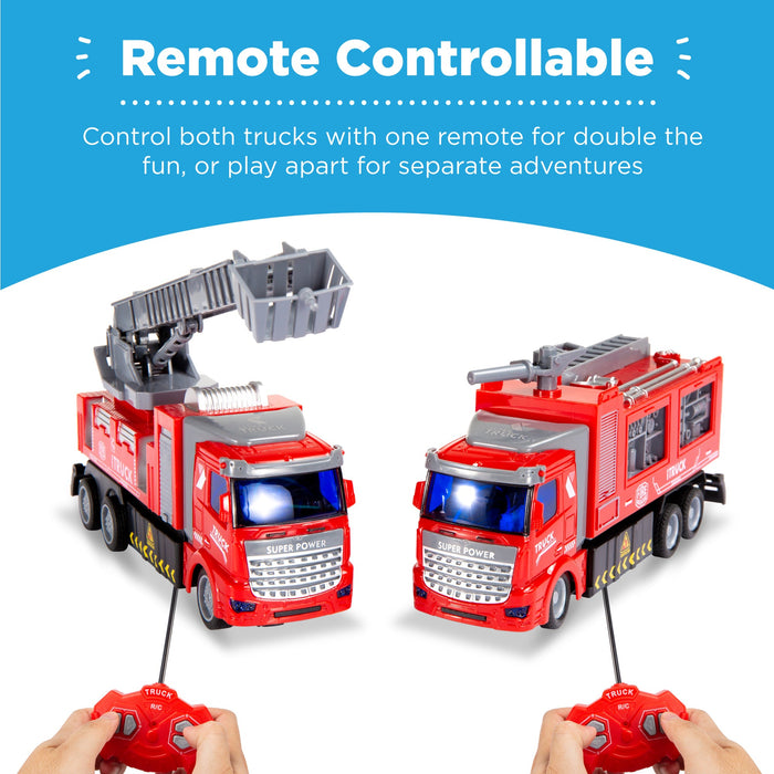 Lot de 2 camions de pompiers télécommandés RC (même fréquence) avec lumières LED