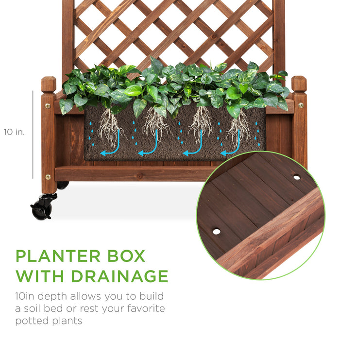 Wood Planter Box & Lattice Trellis w/ Drainage, Optional Wheels - 48in