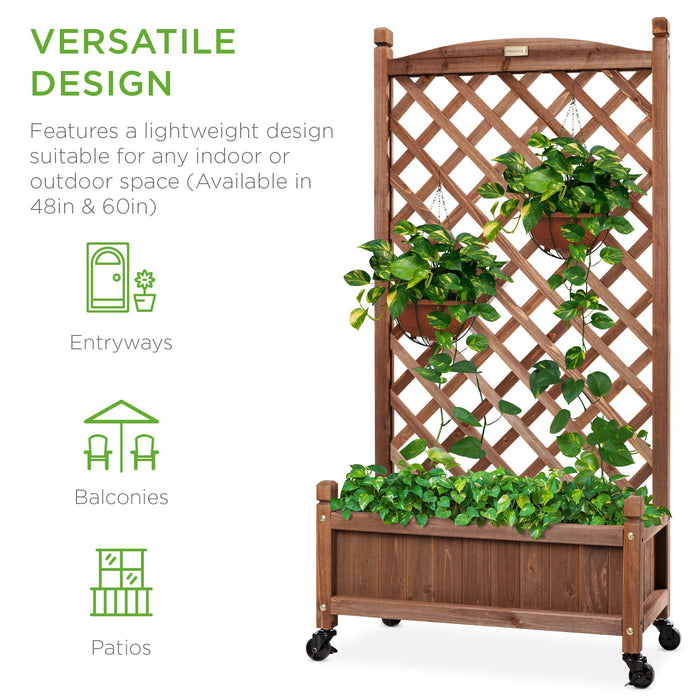 Wood Planter Box & Lattice Trellis w/ Drainage, Optional Wheels - 48in