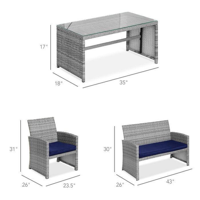 Ensemble de patio extérieur en osier de 4 pièces avec 4 sièges et plateau de table en verre