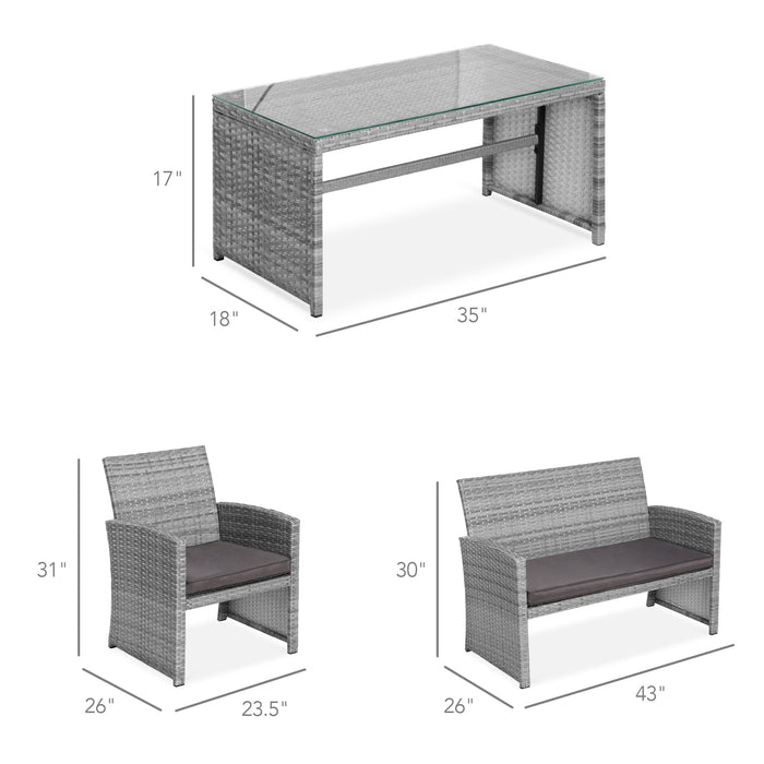 Ensemble de patio extérieur en osier de 4 pièces avec 4 sièges et plateau de table en verre