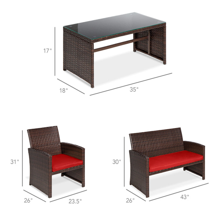 Ensemble de patio extérieur en osier de 4 pièces avec 4 sièges et plateau de table en verre