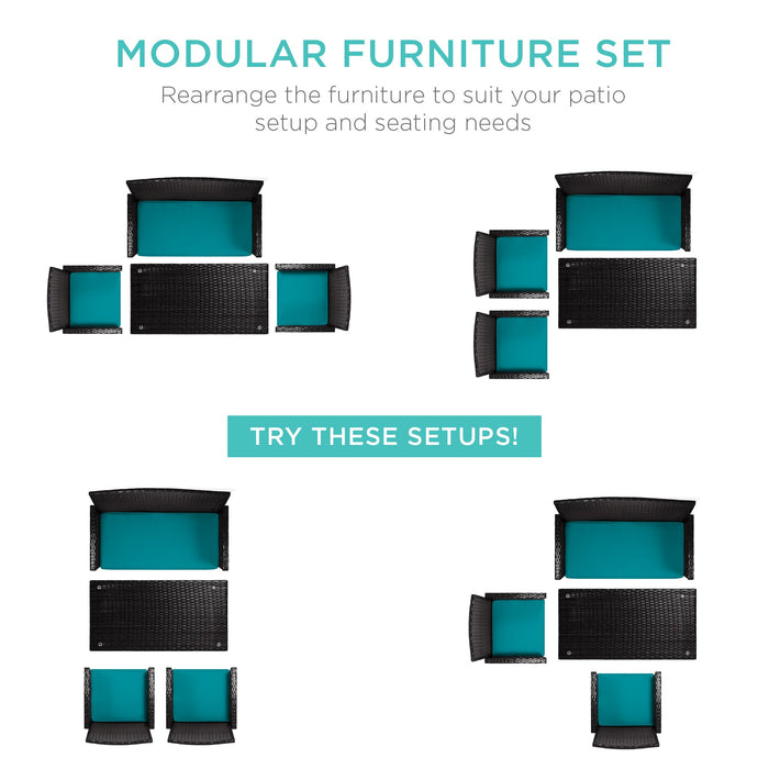 Ensemble de patio extérieur en osier de 4 pièces avec 4 sièges et plateau de table en verre