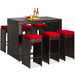 7-Piece Wicker Bar Patio Dining Set w/ Glass Table Top, 6 Stools