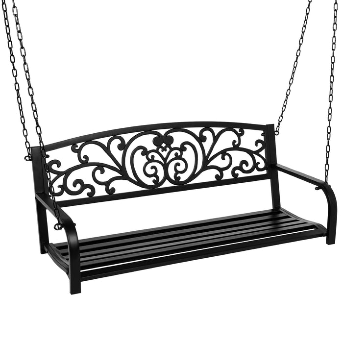 2-Person Metal Outdoor Porch Swing w/ Floral Accent, 485lb Weight Capacity