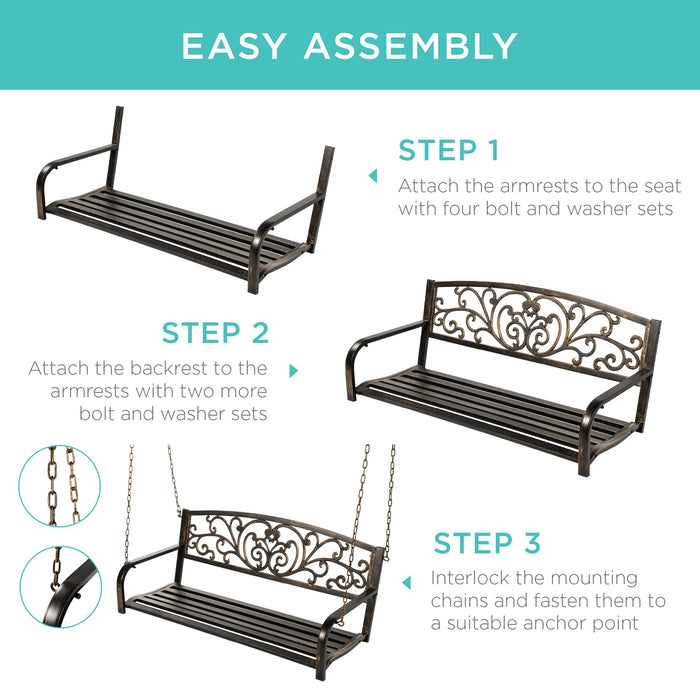 2-Person Metal Outdoor Porch Swing w/ Floral Accent, 485lb Weight Capacity