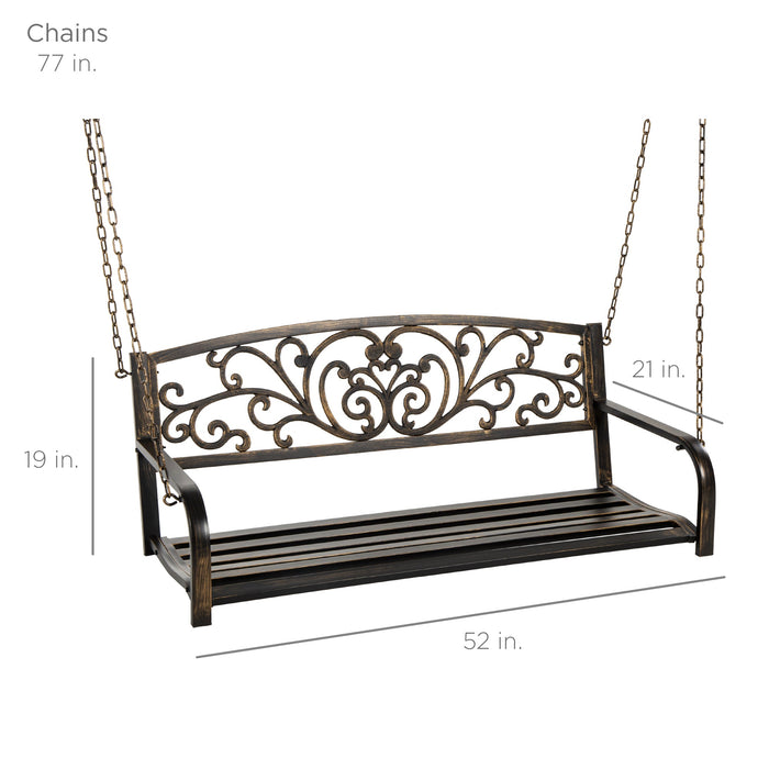 2-Person Metal Outdoor Porch Swing w/ Floral Accent, 485lb Weight Capacity