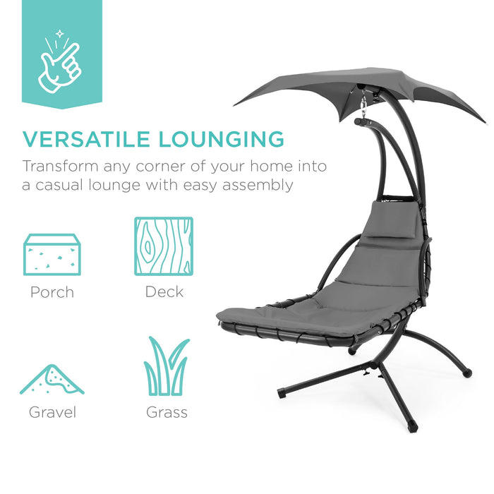 Hanging Curved Chaise Lounge Chair w/ Built-In Pillow, Removable Canopy