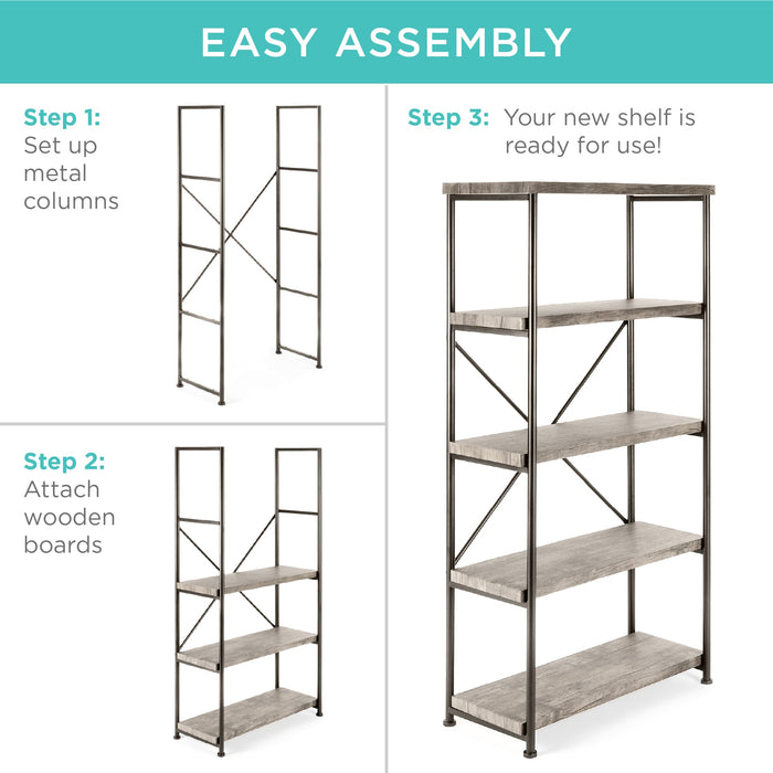 5-Tier Industrial Bookshelf w/ Metal Frame, Wood Shelves