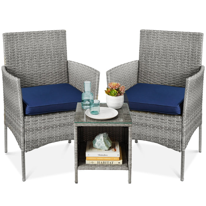 3-Piece Outdoor Patio Wicker Bistro Set w/ Side Storage Table