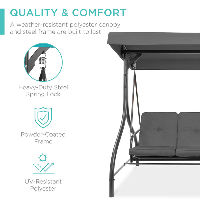 3-Seat Outdoor Canopy Swing Glider Furniture w/ Converting Flatbed Backrest