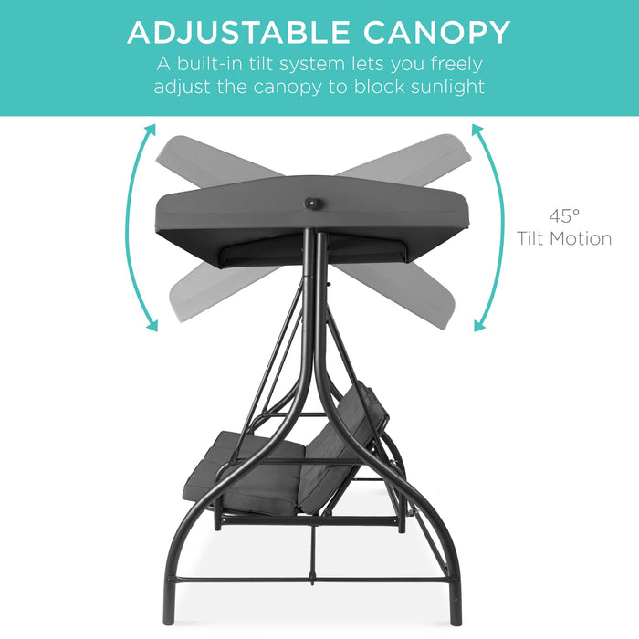 3-Seat Outdoor Canopy Swing Glider Furniture w/ Converting Flatbed Backrest