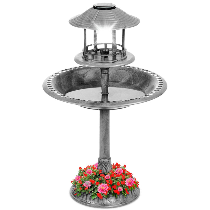 Solar Lighted Outdoor Pedestal Bird Bath w/ Planter, Decorative Bird Cage