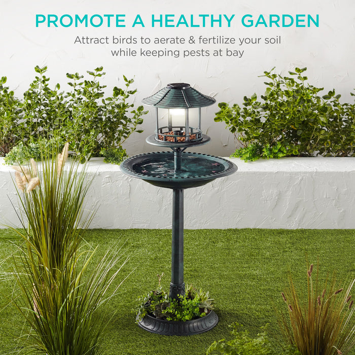 Solar Lighted Outdoor Pedestal Bird Bath w/ Planter, Decorative Bird Cage