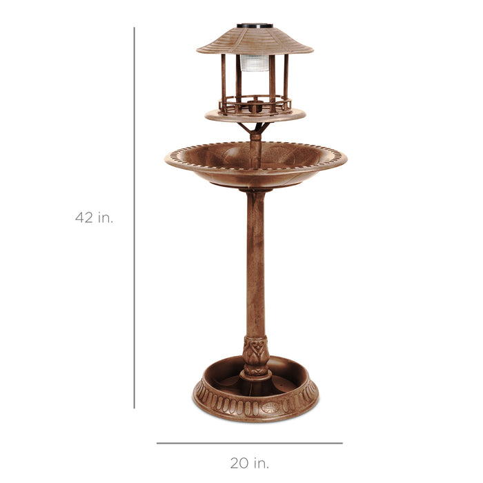 Solar Lighted Outdoor Pedestal Bird Bath w/ Planter, Decorative Bird Cage