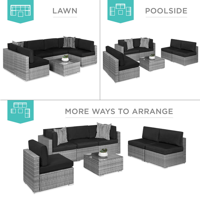 7-Piece Modular Wicker Sectional Conversation Set w/ 2 Pillows, Cover