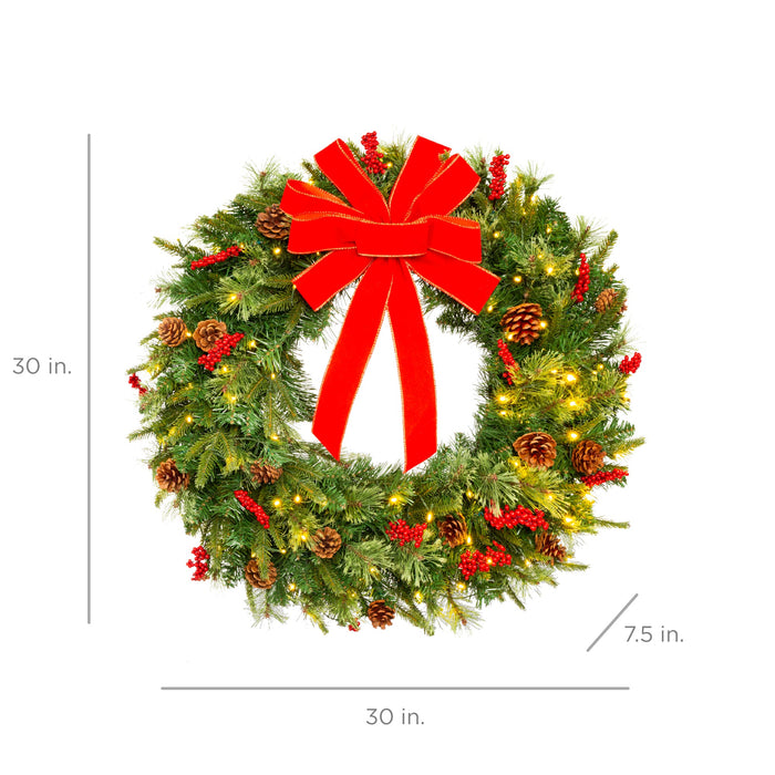 Pre-Lit Battery Powered Christmas Wreath w/ Lights, PVC Tips, Ribbon