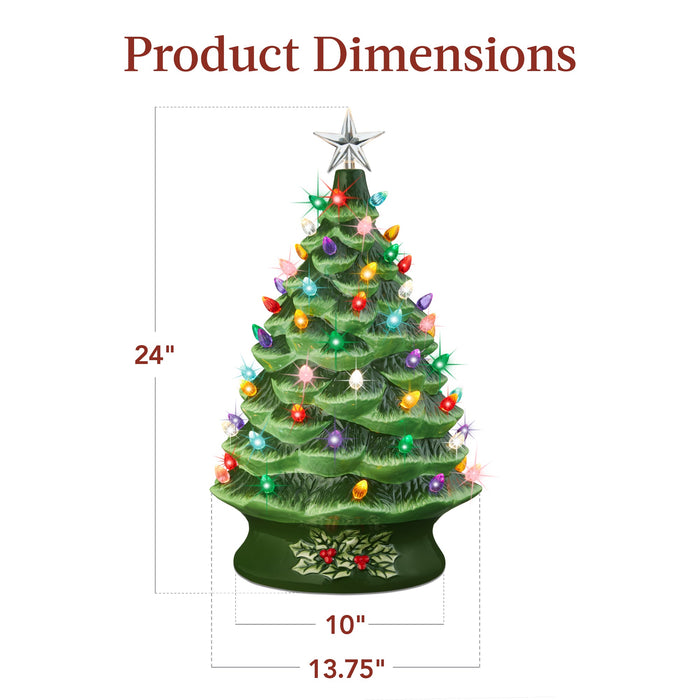 XL Pre-Lit Ceramic Christmas Tree Decoration w/ LED Light, Timer - 24in