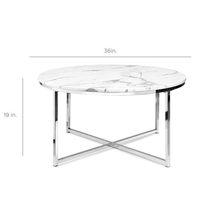 Round Coffee Table w/ Faux Marble Top, Metal Frame - 36in