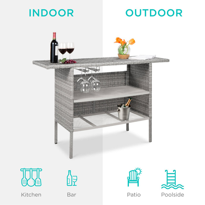 Outdoor Wicker Bar Counter Table w/ 2 Steel Shelves, 2 Rails