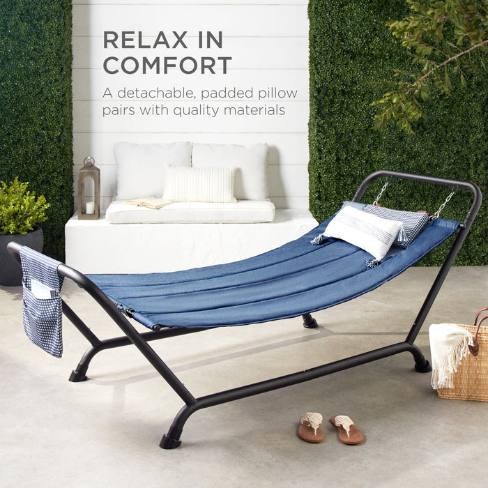 Outdoor Patio Hammock for Backyard, Garden w/ Stand, Pillow, Storage Pockets