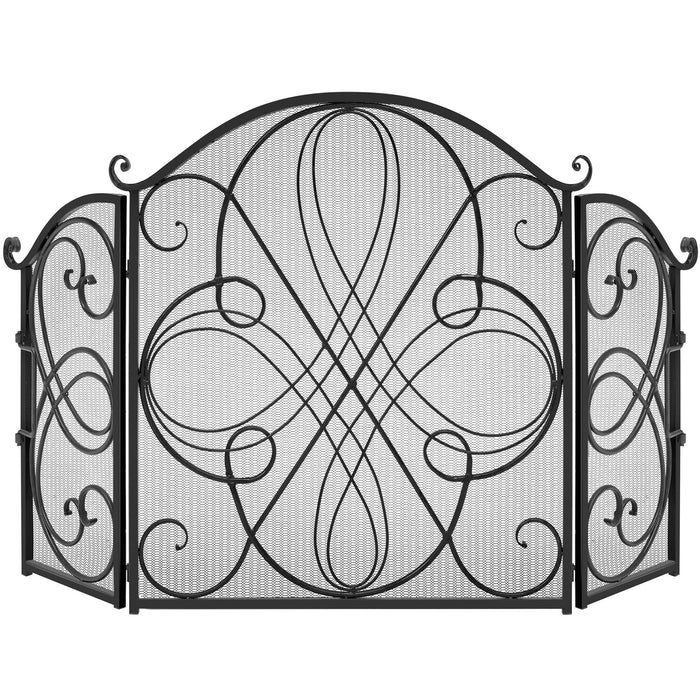 3-Panel Wrought Iron Metal Fireplace Screen Cover w/ Scroll Design - 55x33in