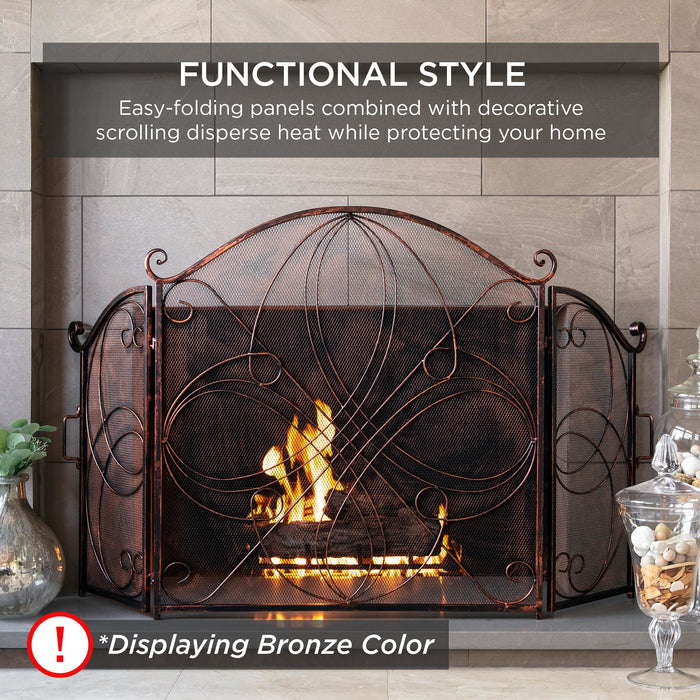 3-Panel Wrought Iron Metal Fireplace Screen Cover w/ Scroll Design - 55x33in