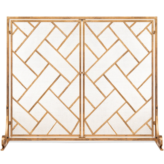 2-Panel Wrought Iron Geometric Fireplace Screen w/ Magnetic Doors - 44x33in