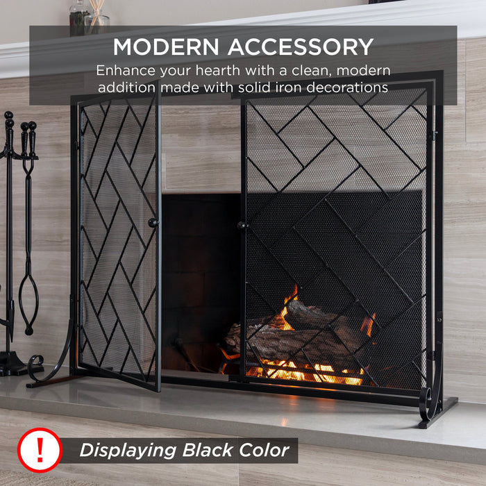 2-Panel Wrought Iron Geometric Fireplace Screen w/ Magnetic Doors - 44x33in