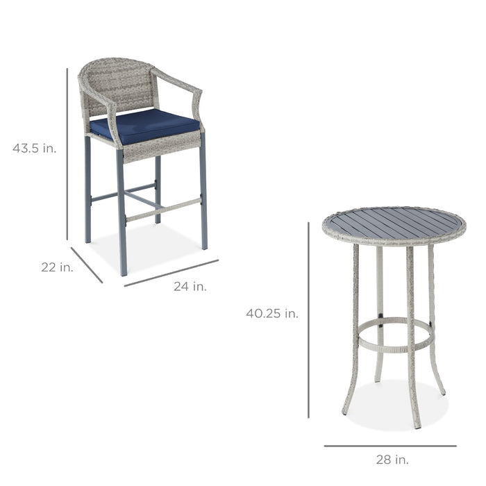 Ensemble de bar en osier pour bistrot d'extérieur 3 pièces avec tabourets de bar et repose-pieds