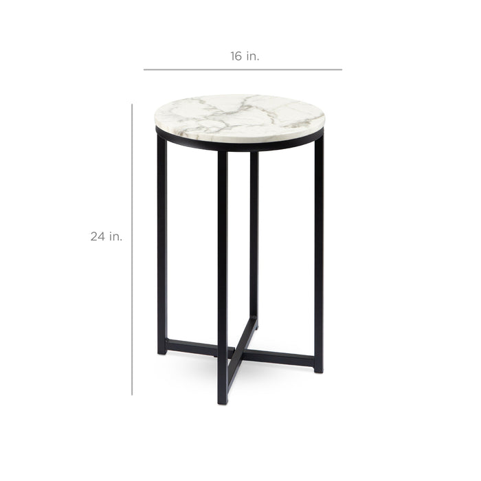 Round Coffee Side Table w/ Faux Marble Top, Metal Frame - 16in