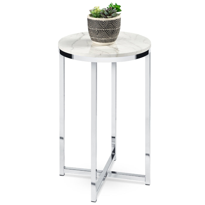 Round Coffee Side Table w/ Faux Marble Top, Metal Frame - 16in