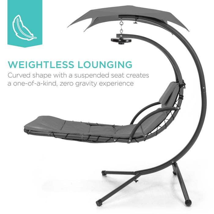 Hanging LED-Lit Curved Chaise Lounge Chair w/ Pillow, Canopy, Stand