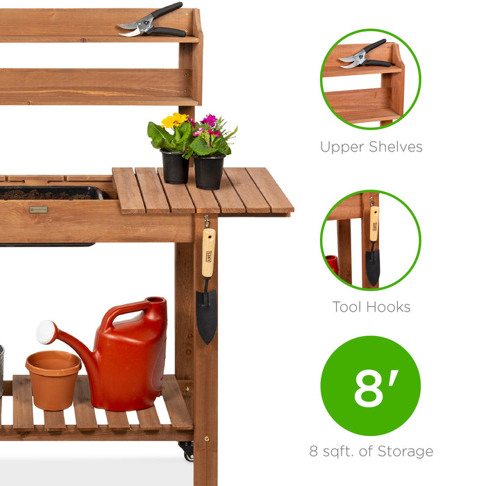 Banc de jardin en bois avec plateau coulissant, évier sec de qualité alimentaire, roulettes