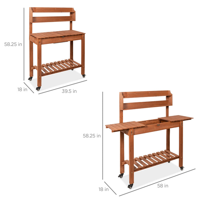 Banc de jardin en bois avec plateau coulissant, évier sec de qualité alimentaire, roulettes