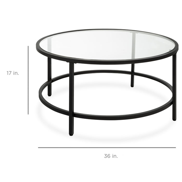 Round Tempered Glass Coffee Table w/ Steel Frame - 36in