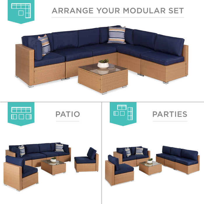 7-Piece Modular Wicker Sectional Conversation Set w/ 2 Pillows, Cover