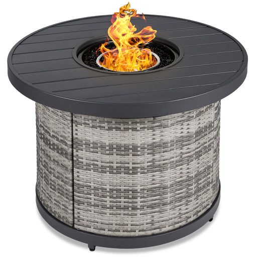 Round Fire Pit Table, 50,000 BTU Outdoor Wicker Firepit w/ Cover - 32in