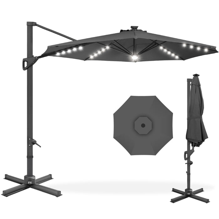 360-Degree Solar LED Cantilever Offset Patio Umbrella w/ Tilt - 10ft