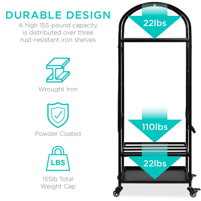 Support à bûches en fer forgé à 3 niveaux avec ensemble d'outils de 4 pièces, roulettes - 4 pieds