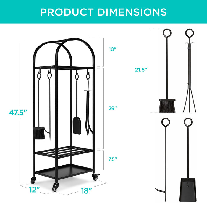 Support à bûches en fer forgé à 3 niveaux avec ensemble d'outils de 4 pièces, roulettes - 4 pieds