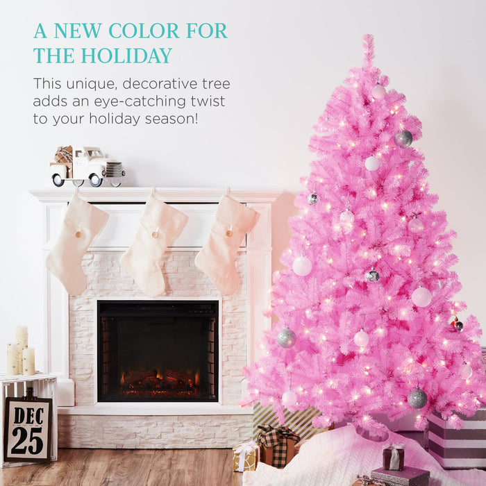 Pre-Lit Artificial Pink Christmas Tree w/ Incandescent Lights, Metal Stand