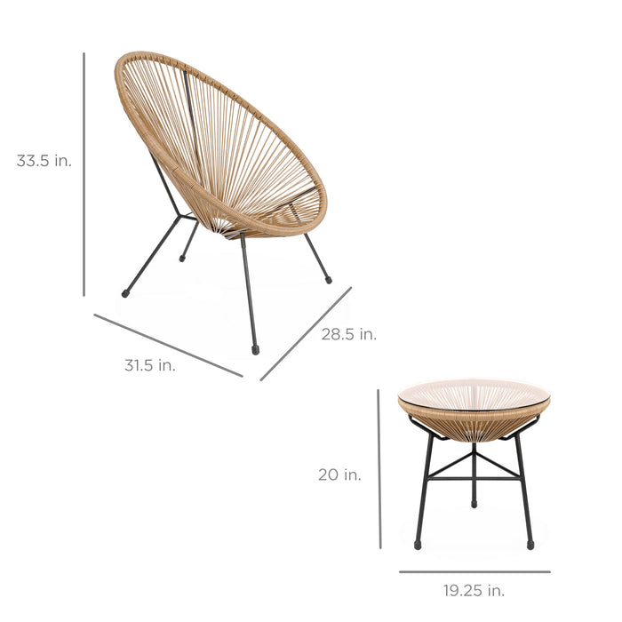 Ensemble bistrot Acapulco toutes saisons 3 pièces avec corde et table à plateau en verre